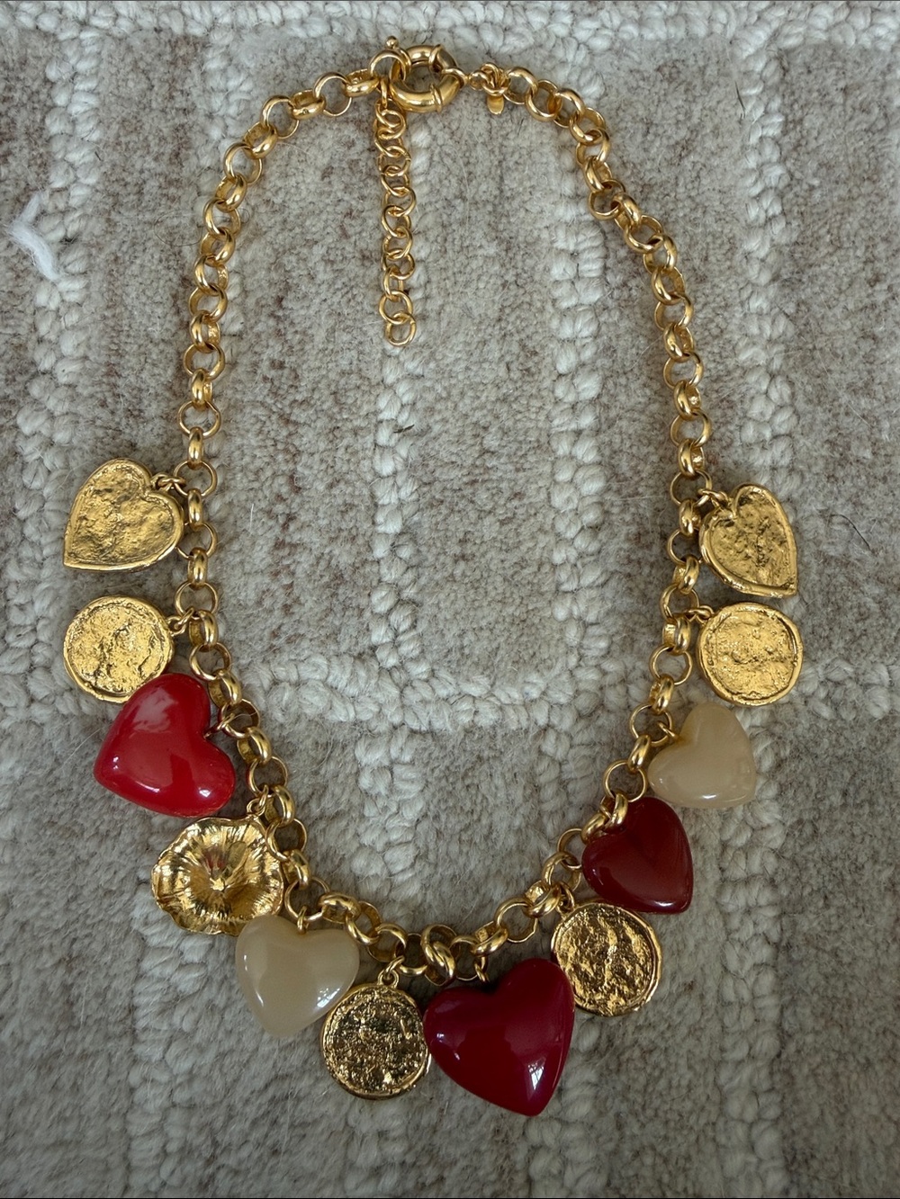 Sezane Gold Heart Charm Necklace with Red and Cream Hearts